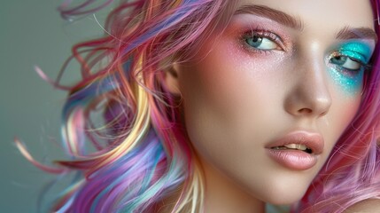 Beauty Fashion Model Girl with Colorful Dyed Hair. Girl with perfect Makeup and Hairstyle. Model with perfect Healthy Dyed Hair. Rainbow Hairstyles