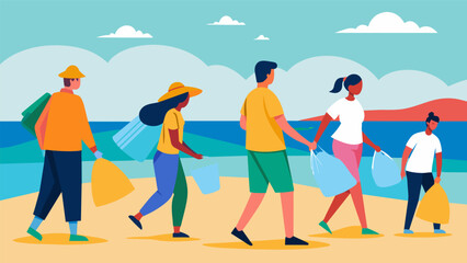 Brightly colored trash bags in hand a group from the church walks along the beach picking up trash and cleaning up the shoreline for future. Vector illustration