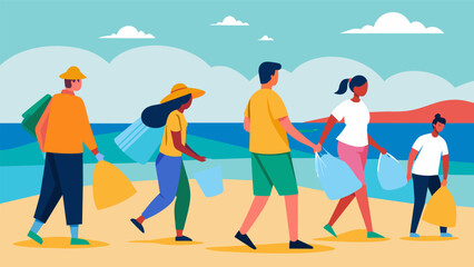 Fototapeta premium Brightly colored trash bags in hand a group from the church walks along the beach picking up trash and cleaning up the shoreline for future. Vector illustration
