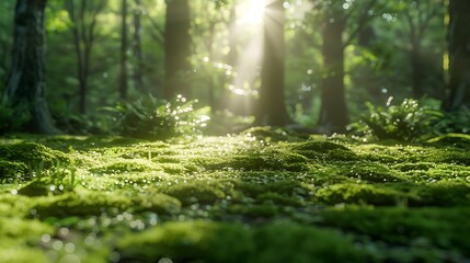 Fresh view of a sunlit forest with a carpet of moss