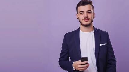 Full size young successful employee business man lawyer 20s wear formal blue suit white tshirt move stroll hold use mobile cell phone hand in pocket isolated pastel purple background s : Generative AI