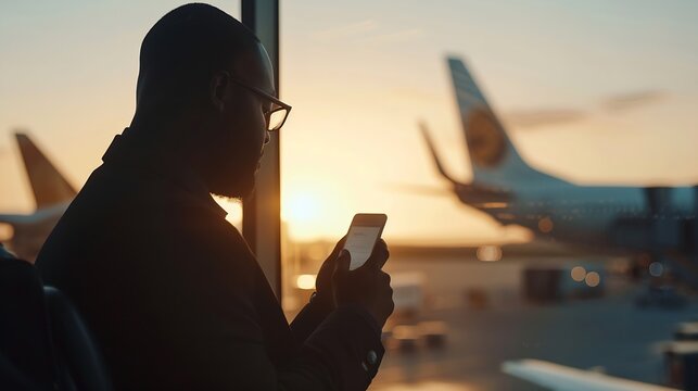 Black man with phone airport window and plane taking off checking flight schedule terminal for business trip Technology travel and businessman reading international travel restrictions : Generative AI - Powered by Adobe