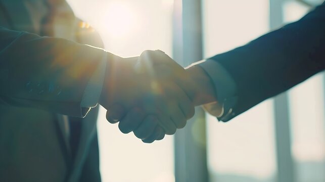 Employer boss hiring candidate after successful job interview Happy customer and lawyer finishing consultation meeting shaking hands Happy business men giving handshakes after negotiat : Generative AI