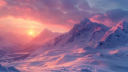 Fresh view of a snowy mountain range at sunset
