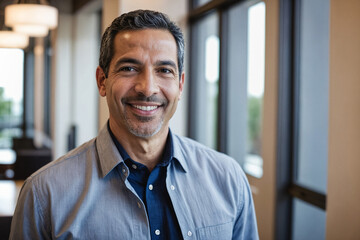 Portrait of a confident, successful Hispanic businessman in an office setting. Mature and professional, with a cheerful smile and positive expression.