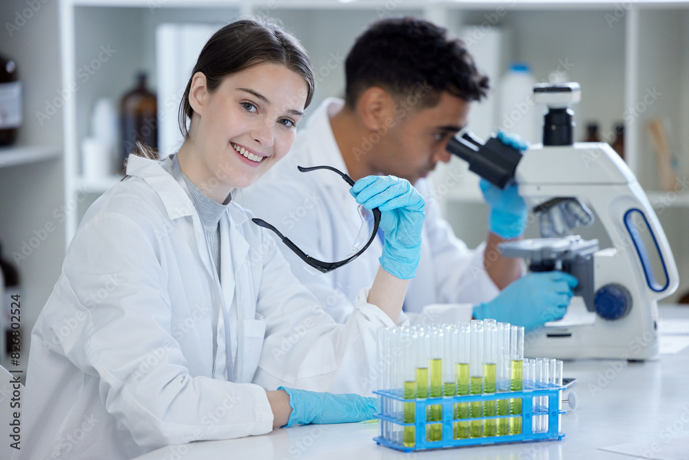 Wall mural woman, student and portrait with scientist research and university lab with study. medical, educatio