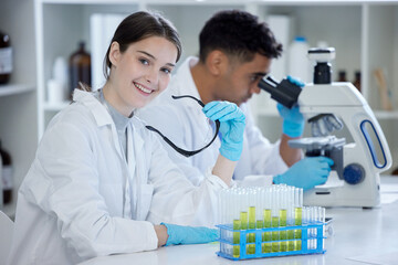 Woman, student and portrait with scientist research and university lab with study. Medical,...