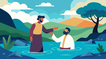 The rushing sound of the river creating a peaceful and serene atmosphere as the pastor leads the believer into the water.. Vector illustration