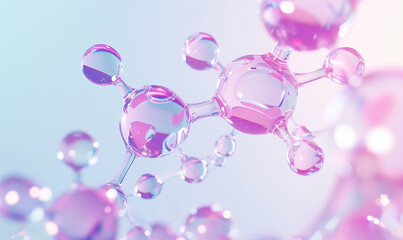 Cosmetic or medicine molecule structure with blue atoms connected by bonds, on pink background. Hyaluronic acid atom structure.