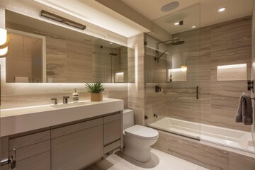 Modern bathroom with a bathtub, double sink, plants, and stylish lighting.