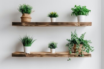 Interior design details: brown wooden raw edge floating shelves hanging on a white wall with green potted house plants.