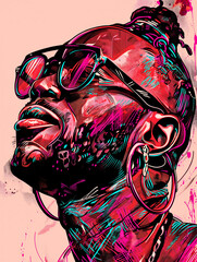 vibrant digital illustration of black man with sunglasses and neon colors for modern hip-hop art and fashion design.