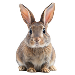 Fototapeta premium A small brown bunny with white markings sits still and alert, looking directly at the camera