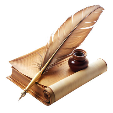 Feather quill and ink pot resting on a book and scroll in a cozy study room