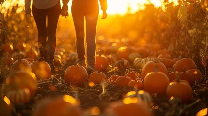 Couple enjoying a romantic stroll through a picturesque pumpkin patch at sunset, with warm, golden light casting a magical glow over the scene