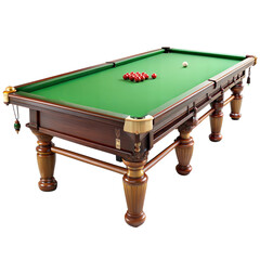 Elegant wooden billiards table featuring green felt and a set of red balls prepared for a game