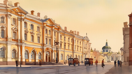 Fototapeta premium Petersburg's White Nights, the city's iconic Palace Square is bathed in a soft, golden hue as the sun dips below the horizon, casting long shadows of the historic buildings, couples stroll hand in han