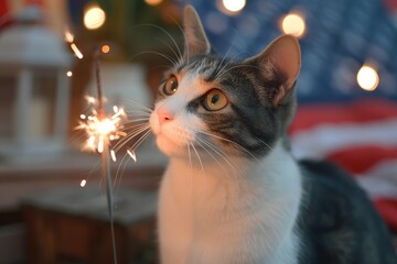 Cat celebrating 4th of July Independence Day, sparkler, Memorial Day, USA