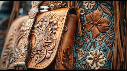 A closeup shot of a beautifully tooled leather handbag with intricate floral patterns paired with a fringed leather jacket and a statement belt buckle.