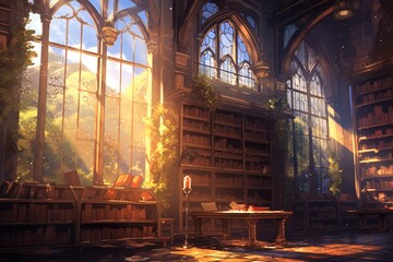 Ancient library, dusty tomes, sunlight through windows, nostalgic, close-up, scholarly anime style