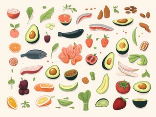 Illustrated assortment of vegetables, fruits, nuts, and fish. Perfect for healthy eating themes and nutrition visual content.