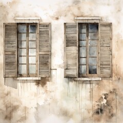 Fototapeta premium Rustic wooden window shutters on weathered wall. Artistic depiction. Vintage aesthetic, worn texture, historical charm.