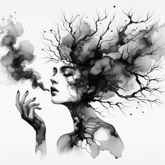 Fototapeta premium Otherworldly Ink Adventures: Surreal Encounters with the Manique Woman