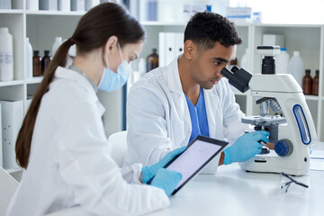 Science, teamwork and people with tablet and microscope for research, medical study and discovery....