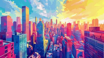 Colorful pop art cityscape, bright hues, geometric shapes, highdefinition, detailed buildings, playful design, dynamic layout, retro vibe, vibrant and lively