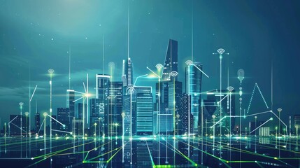 Futuristic city skyline with smart buildings and renewable energy