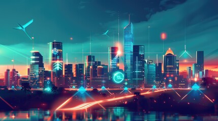 Futuristic city skyline with smart buildings and renewable energy