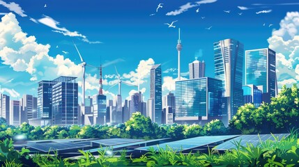 Futuristic city skyline with smart buildings and renewable energy