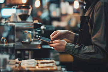 
Closeup shot of caucasian cashier hands. Seller using touch pad for accepting client customer payment. Small business of coffee shop cafeteria.