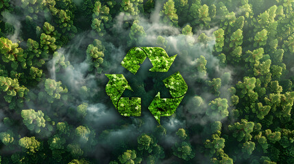 Nature's Purifier: A Beautiful Forest Filtering CO2 with a Green Recycling Symbol