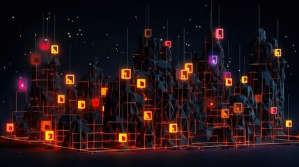 Glowing blockchain network on dark backdrop