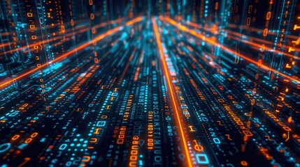Glowing data streams in darkness