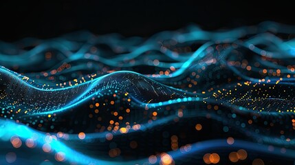 Glowing data streams in darkness