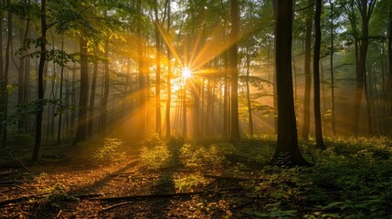 Fototapeta premium Golden hour sunlight streaming through forest