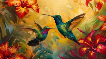 Hummingbird hovering near vibrant tropical flowers