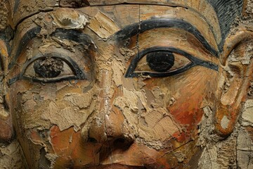 Detailed view of the painted facial features on an old egyptian sarcophagus