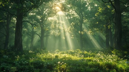 Fototapeta premium A serene forest with tall, ancient trees and dappled sunlight filtering through the canopy, creating a peaceful and mystical atmosphere.