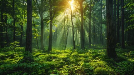 Obraz premium A serene forest with tall, ancient trees and dappled sunlight filtering through the canopy, creating a peaceful and mystical atmosphere.