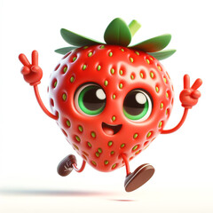 Obraz premium 3D funny strawberry cartoon isolated on white background. Fruit and agriculture for a healthy diet