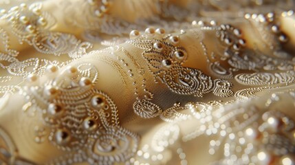 Luminous pearls adhere in gold color silk satin luxurious fabric