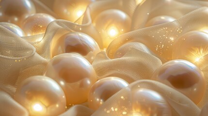 Luminous pearls embedded in gold color silk satin luxurious fabric