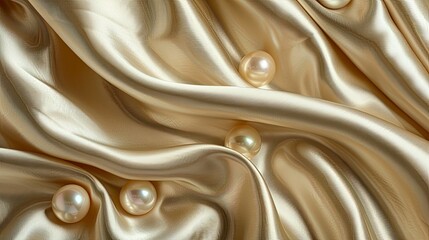 Luminous pearls adhere in gold color silk satin luxurious fabric
