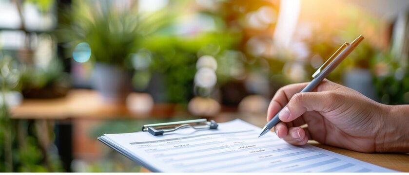 Hand holding pen writing on clipboard with plants in background. Concept of work, planning, and productivity in natural environment.
