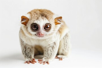 Graceful loris standing serenely against a clean white canvas backdrop in elegant pose