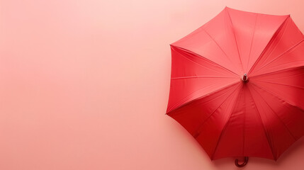 elegant red umbrella isolated on soft pink background top view, with copy space for text
