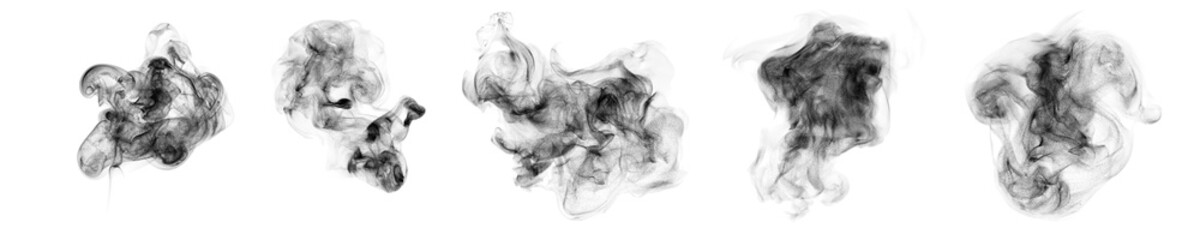Smoke clouds, steam mist fog and white foggy vapor. 3D realistic smoke from dust particles isolated on black background
